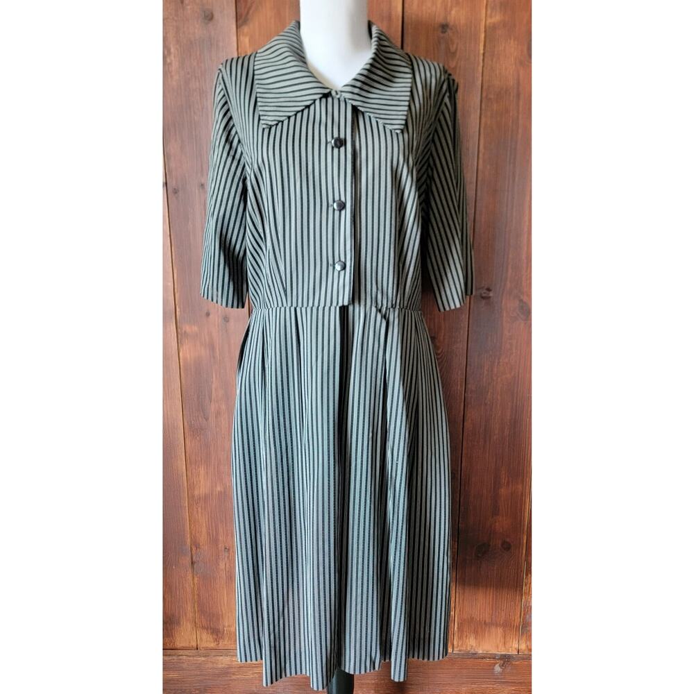 Vintage Miss Marilyn of Dallas 50s Black & White Striped Dress Collared Buttons - Picture 4 of 16